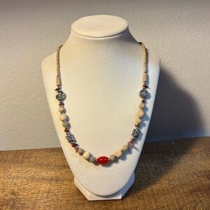 Wood handmade beaded necklace with silver and red beaded accents